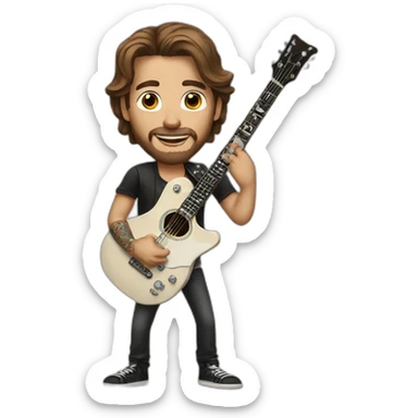 white rock star man with brown hair with tattoos with a guitar sticker