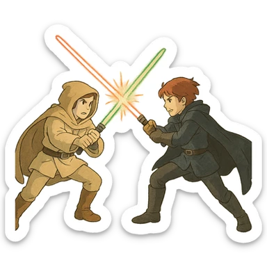 ghibli style duas espadas laser em combate, sem fundo sticker