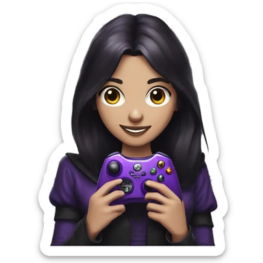 Brunette gothic gaming girl smiling holding a purple Xbox controller sticker