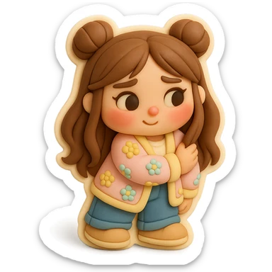 3D chibi fondant cake art style, high-quality rendering with smooth shadows and soft gradients. Girl based on reference image preserving facial features and eye shape exactly as in the reference. Long brown hair in two space buns, brown eyes, jeans, pastel floral cardigan, shoes. Thick white outline like a sticker, transparent background. Standing shyly, blushing with red cheeks and nose. Ensure the face, hairstyle, eye shape, and shoes match the reference exactly. sticker