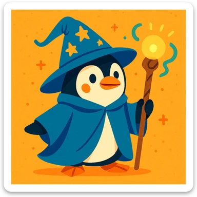 a penguin dressed as a wizard, with a pointy hat and a magic staff, fun whimsical style sticker