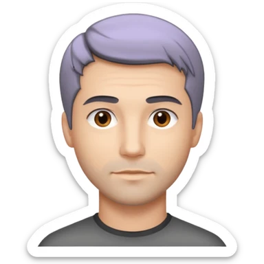 Description: dark gray straight hair combed forward, crop haircut, light stubble, brown eyes.
Image: barber sticker