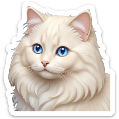 Cinematic Adorable Fluffy Cream Ragdoll Cat Portrait Emoji, Head tilted gracefully with soft, sparkling blue eyes, silky cream-colored fur with subtle darker points on the ears, face, and paws, Simplified yet noble features, highly detailed, glowing with a warm and gentle radiance, high shine, affectionate and poised, stylized with an air of elegance, bright and endearing, soft glowing outline, capturing the essence of a majestic and loving kitty, so dignified it feels like it could spring into action at any moment with grace! sticker