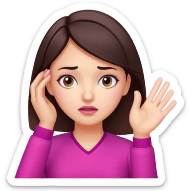 Social media manager. She has dark brown hair, brown eyes, , confused expression, raised eyebrows, questioning face, one hand on the head as if not understanding analytics.. Use vibrant colors with a focus on pink and fuchsia tone sticker