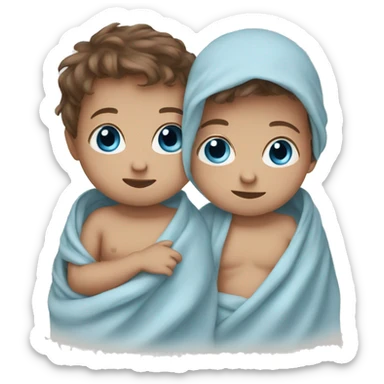 Twin baby boys brown hair blue eyes wrapped in a blanket  sticker