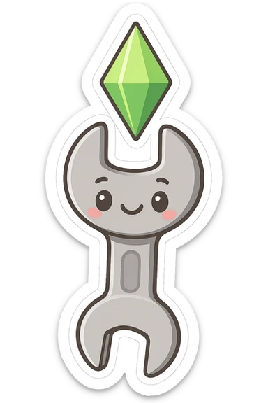 wrench with plumbob sitting on top, chibi stickers style, cartoonish sticker