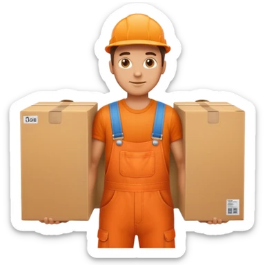 man orange overalls carrying a large box sticker