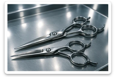 A set of professional barber scissors lies on a stainless steel workbench, gleaming under the bright lights. The blades are sharp and precise, with smooth handles showing signs of frequent use, ready for the next cut sticker