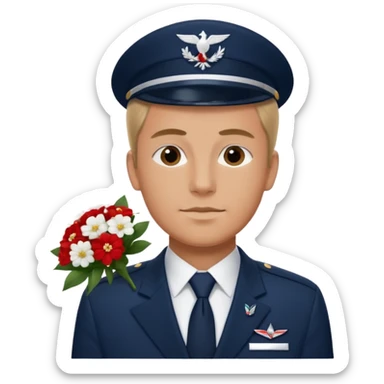 Homme avec bouquet fleurs blanches, avec uniforme bleu foncé cravate rouge comme Air France, arabe raie sur le côté sans chapeau juste insigne sans bouton manchette et un peu bronzée  sticker