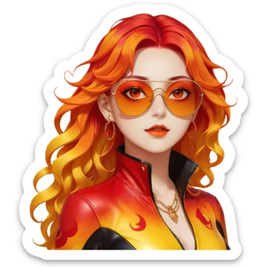 Beautiful gorgeous anime lady with beautiful fiery long warm-red-orange-yellow-gradient-wavy-special-hair, fashion aesthetic, slim red-tinted-sunglasses, accessories, gold jewelries, red-and-yellow sunny-pattern-eyes, black latex-suit, biker-woman, cool, badass, gold-sun-shaped-earrings sticker