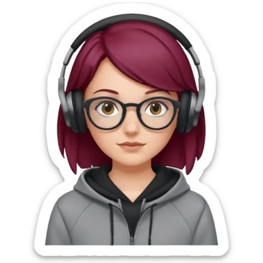 white girl with burgundy hair, gray glasses, black deportive hoodie and black headphones sticker