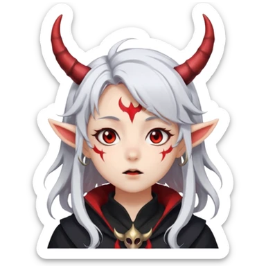 Dark style anime girl with white hair and red eyes, with horns on her head . There is an emotion of inhalation on the face sticker