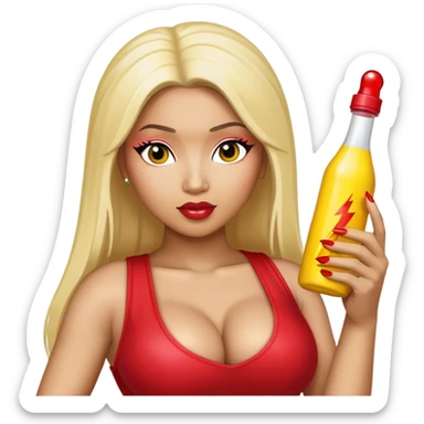 Nicki Minaj with a bottle yellow and a red flash on the bottle  sticker
