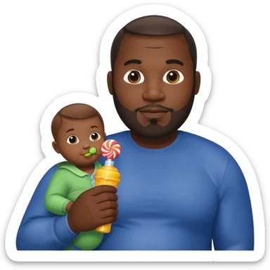 Big black man hold a  baby bottle and a lollipop sticker