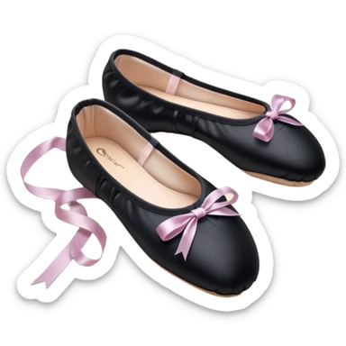 cinematic-realistic-ballet-shoes,-soft-satin-black-pointe-shoes-with-delicate-ribbons,-resting-gently-on-a-polished-wooden-floor,-subtle-creases-in-the-fabric,-glowing-under-the-warm-golden-light-of-a-rehearsal-studio,-evoking-ele sticker