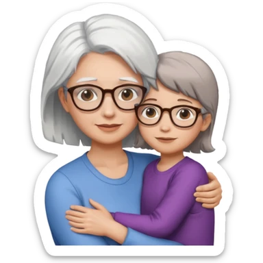 Abrazo de Madre de 60 años con pelo blanco y gafas y hija con pelo morena sin gafas sticker