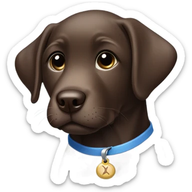 Chocolate labrador cute puppy with small white patch of fur on chest and blue small collar sticker