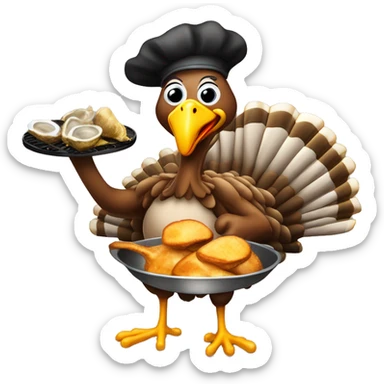 Turkey holding slice of black toasted bread with pan of oysters, fire sticker