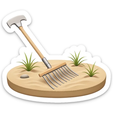 Minimalist emoji of a Japanese zen garden rake with four teeth, elegant thin lines, light wood tone, sand-beige palette, flat vector style, calm and balanced aesthetic, zen-inspired, transparent background, premium minimal design sticker