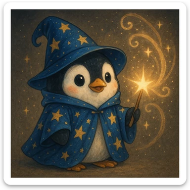 a cute penguin wizard with a starry robe and a glowing wand, casting a spell sticker