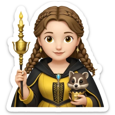 Helga Hufflepuff,the Hogwarts founder of Hufflepuff,brown-haired,2braids,yellow-black medieval dress with black cloak decorated with gold braiding,flickering magic wand and tiny two-handled shiny gold cup engraved with the badger silhouette,very kind smile,curvy busty sweet sticker