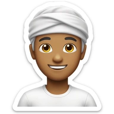smiling boy in white shirt with head band sticker