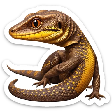 Cinematic Cute brown camo spotted monitor Lizard Portrait Emoji, Head tilted playfully and inquisitively, with a sleek, patterned body accented by vibrant hues and round, sparkling eyes full of wonder, Simplified yet irresistibly adorable features, highly detailed, glowing with a warm, friendly glow, high shine, affectionate and lively, stylized with a touch of exotic charm, bright and endearing, soft glowing outline, capturing the essence of a mischievous yet captivating lizard that seems as if it could scuttle out of the screen into your arms! sticker