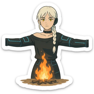  young woman with gold yellow eyes, white hair, long braid, black off-shoulder top, punk gothic style, futuristic cyberwave cyberpunk,, she is calmly t-posing , there is a small bonfire in front of her sticker