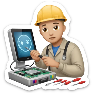computer technician fixing damage computer sticker