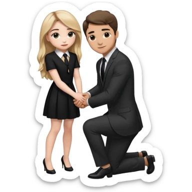  Sabrina carpenter kneeling down wearing a black dress with a tie, putting her hand on man’s leg who is standing  sticker