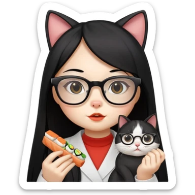 cute girl cat with long straight hair and really big square glasses with super thin frames eating sushi sticker