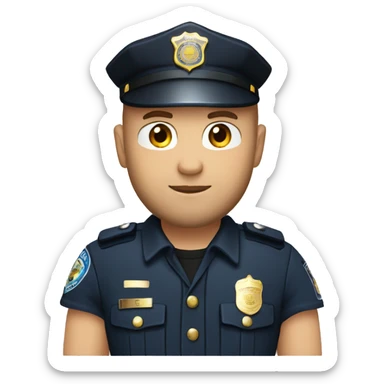 Bald Caucasian man with light brown beard in police uniform with black baseball cap sticker