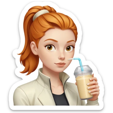 Ginger girl with cream jacket drinking pre workout shake middle part slick back bun sticker