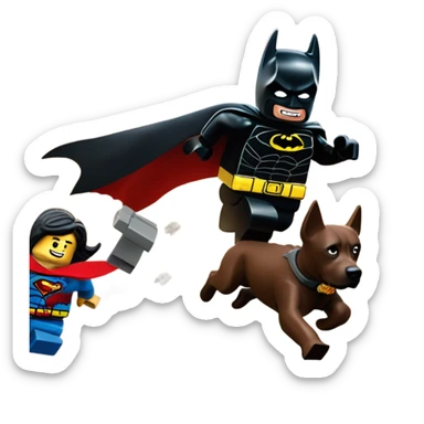 Lego Batman riding a Black lab chasing Superman  sticker