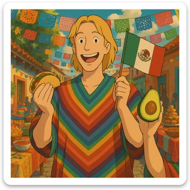 cartoon of a tall blonde American in a colorful poncho, smiling, holding a taco and avocado, waving a Mexico flag, festive street party background with food and decorations sticker