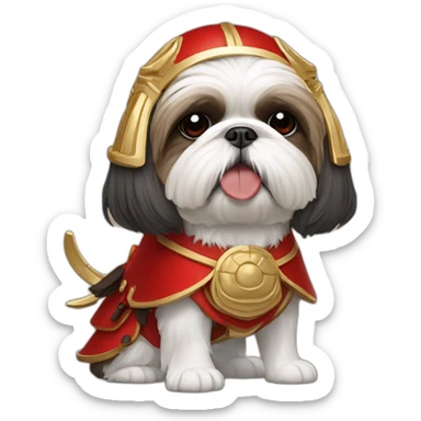 shih tzu wearing red samurai helmet with gold beetle horns sticker
