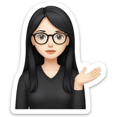 pale woman with long black hair, wearing glasses and black shirt sticker