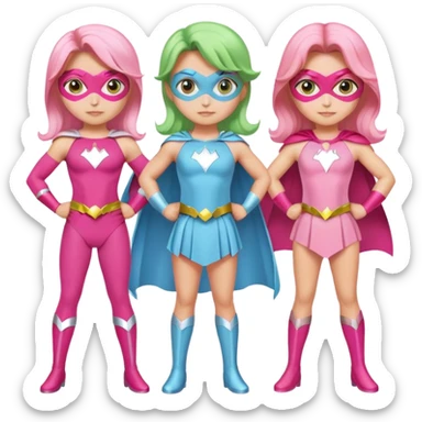 three superhero girls standing together - one in light blue costume, one in pink costume, and one in light green costume sticker