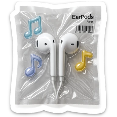 pair of white EarPods with three floating glass music notes in pastel colors, shiny and puffy, vacuum-sealed style sticker