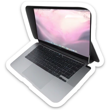 A sleek and modern MacBook Air laptop in a soft pastel pink color, placed on a white background. The Apple logo on the back of the screen is black, contrasting elegantly with the pink finish. The laptop is slightly open, showing a glimpse of the black keyboard and silver edges. The design is minimalist and stylish, reflecting a premium aesthetic. sticker