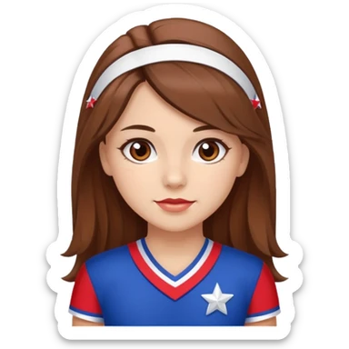 cheerleader in red-blue and white uniform with star like captain america, has brown eyes and brown long hair sticker