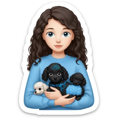 One Brunette girl with blue eyes and long hair in a light blue sweater holds one black Poodle puppy in her arms sticker