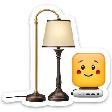 smartphone in foreground showing a quiz interface, with a floor lamp protruding from behind the phone sticker