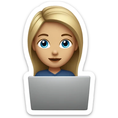 a girl with blue eyes and dark blond hair is sitting at a laptop sticker