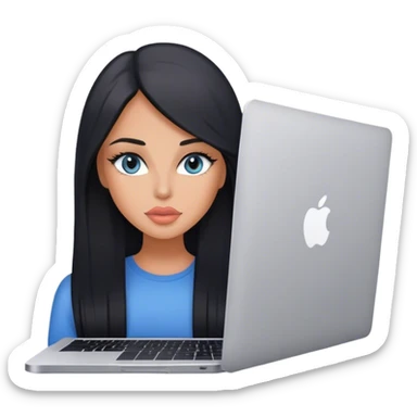 Glamours tanned very beautiful girl with pump peach nude lips and black straight smooth long hair, blue-grey eyes with MacBook sticker