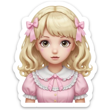 pale girl , who has curly medium length blonde and baby pink swirled hair with bangs , grey eyes , and doll like makeup , in a light pink lolita hime gyaru dress  sticker