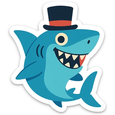shark wearing a top hat, fun and whimsical style sticker