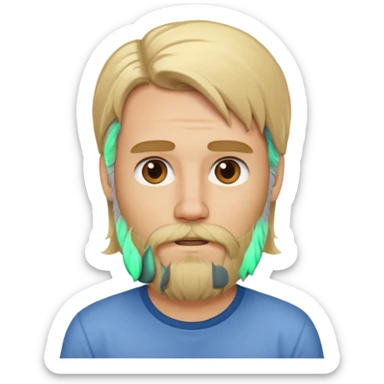 blonde long hair bearded man with shirt sticker