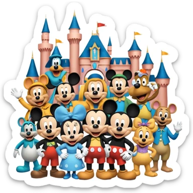 Colorful icon for Animated Movies: A vibrant collage featuring iconic characters like Goofy, Mickey Mouse, Franco, Masha and the Bear and Luntik. Each character should be large and bright, set against a cheerful and playful background of Disneyland. Transparent background. sticker