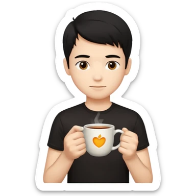 The boy teen have a black hair, and black T-shirt with a cup of tea sticker